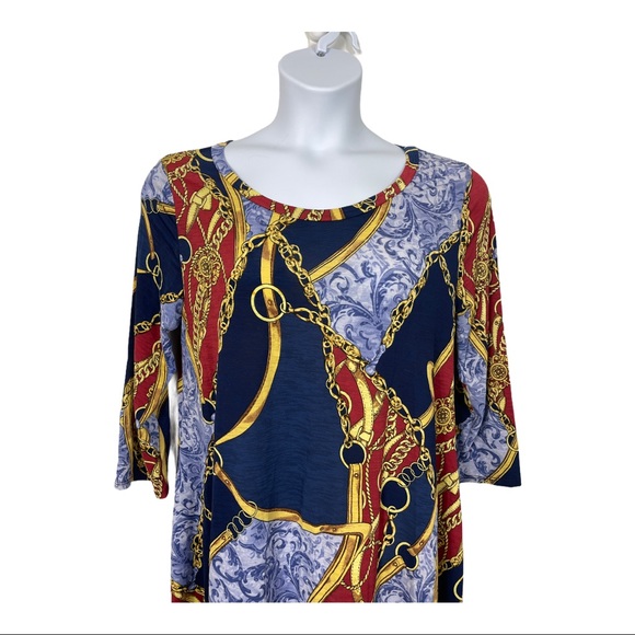 Dress 3/4 sleeve knee length Blue Yellow chain ribbon multi pattern relax fit XL - Picture 6 of 7